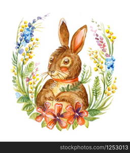 Watercolor illustration of a rabbit sitting on wreath of spring flowers, stock illustration. Easter bunny characters vintage illustration isolated on white background. Easter concept.