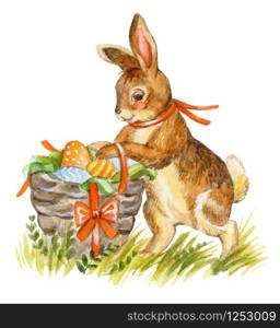Watercolor illustration of a rabbit standing nea basket with easter eggs, stock illustration. Easter bunny characters vintage illustration isolated on white background. Easter concept.