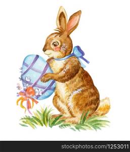 Watercolor illustration of a rabbit wearing easter egg, stock illustration. Easter bunny characters vintage illustration isolated on white background. Easter concept.