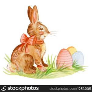 Watercolor illustration of a rabbit with bow sitting on grass ahead of easter eggs, stock illustration. Easter bunny characters vintage illustration isolated on white background. Easter concept.