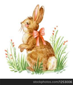 Watercolor illustration of a rabbit with bow sitting on tis hind legs on grass with flowers, stock illustration. Easter bunny characters vintage illustration isolated on white background. Easter concept.