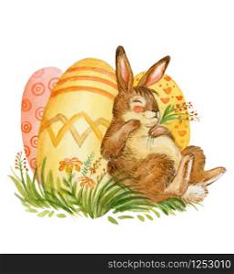 Watercolor illustration of a slipping rabbit with easter eggs ang flowers stock illustration. Easter bunny characters vintage illustration isolated on white background. Easter concept.