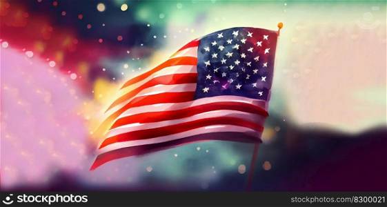 Watercolor Illustration of a Usa Flag With Bokeh Blur Background. Generative AI illustration. . Watercolor Illustration of a Usa Flag With Bokeh Blur Background. Generative AI. 