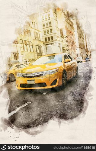 watercolor illustration of a yellow cab in the streets of New York City
