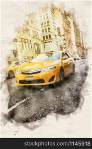watercolor illustration of a yellow cab in the streets of New York City