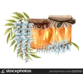 Watercolor illustration of acacia honey on white background. Hand drawn set white acacia/wisteria flower, honey jar and barrel.