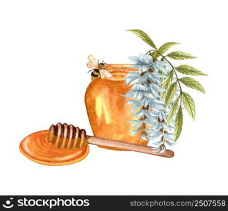 Watercolor illustration of acacia honey on white background. Hand drawn set white acacia/wisteria flower, bee, honey jar and barrel.