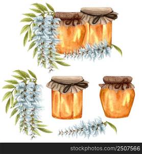 Watercolor illustration of acacia honey on white background. Hand drawn set white acacia/wisteria flower, honey jar and barrel.