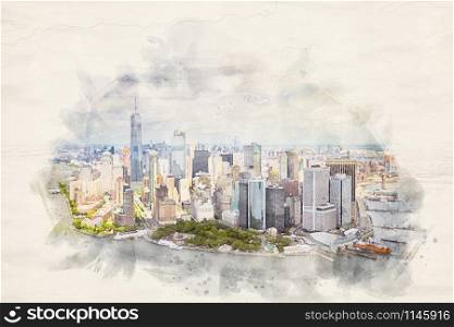 watercolor illustration of an aerial view over lower Manhattan, New York City