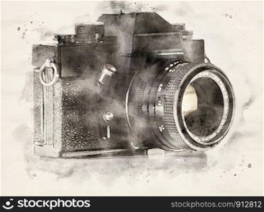Watercolor Illustration of an old analogue film camera