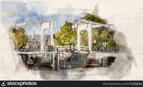 Watercolor Illustration of an old white bridge in the city of Amsterdam, Netherlands