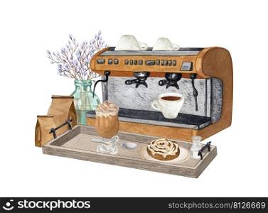 Watercolor illustration of coffee machine, cappuccino, cinnamon bun, espresso. Hand drawn composition. Perfect for cafe, logo, menu, design.