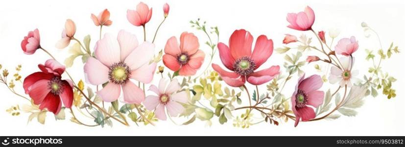 Watercolor illustration of colorful flowers in wide border
