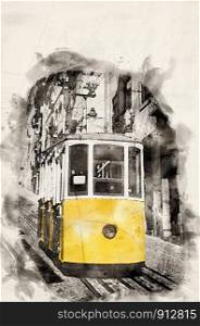 Watercolor Illustration of historic yellow tram in Lisbon, Portugal