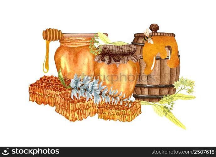 Watercolor illustration of honey jar with white acacia and linden twig on white background. Hand drawn set white acacia/wisteria flower, honey pot and dipping.