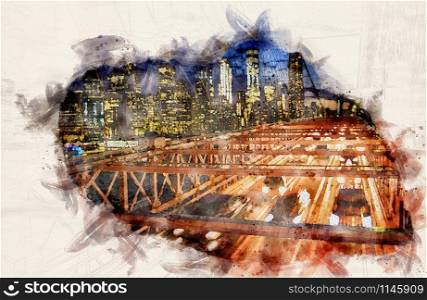 watercolor illustration of illuminated Brooklyn Bridge with fast cars in the evening with the famous Manhattan skyline in the back, New York City