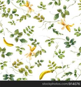 Watercolor illustration of leaf and banana, seamless pattern on white background