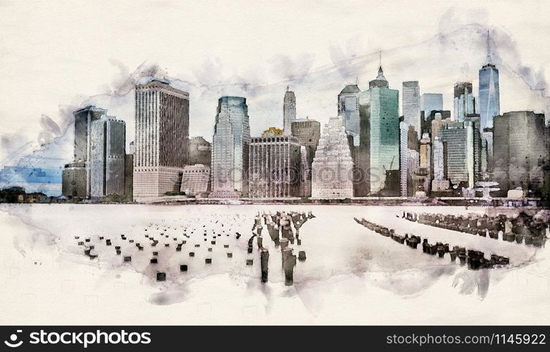 watercolor illustration of lower manhattan skyline