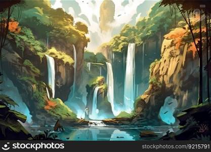 watercolor illustration of majestic waterfall in forest setting, created with generative ai. watercolor illustration of majestic waterfall in forest setting