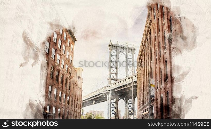 Watercolor illustration of Manhattan Bridge between Manhattan and Brooklyn over East River seen from a narrow alley enclosed by two brick buildings on a sunny day, New York City
