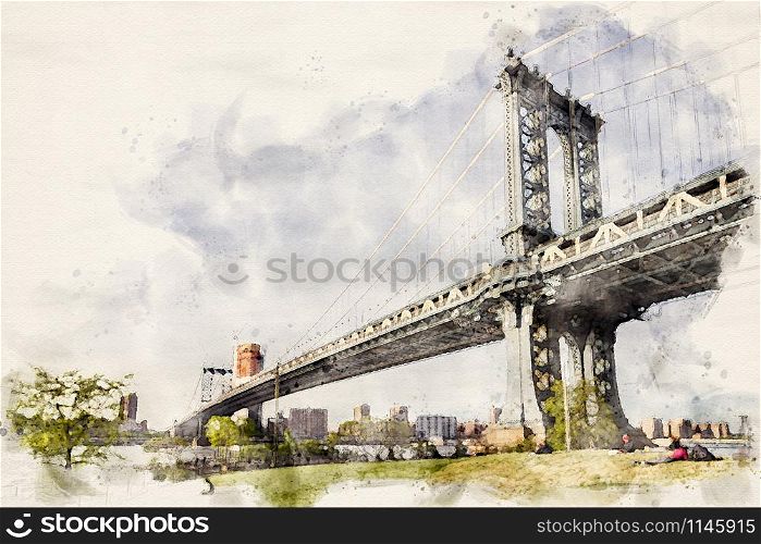 Watercolor illustration of Manhattan Bridge between Manhattan and Brooklyn over East River, New York City