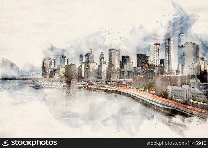 Watercolor illustration of Manhattan Skyline with Brooklyn Bridge in front at dusk, New York City