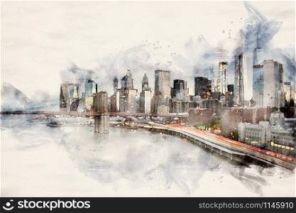 Watercolor illustration of Manhattan Skyline with Brooklyn Bridge in front at dusk, New York City