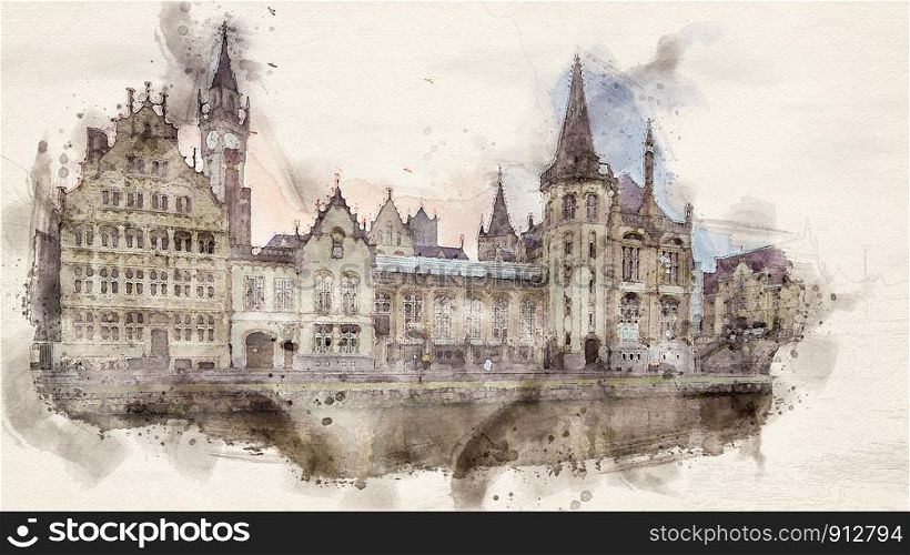 watercolor illustration of old historic buildings along the river in the city of ghent, belgium