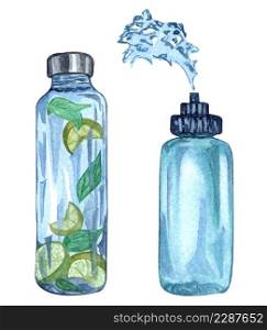 Watercolor illustration of sport water bottles. Hand drawn fitness bottle with fresh liquid with fruits and herbs. Clear water and water splash.