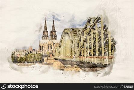 Watercolor illustration of the Cologne Cathedral and Hohenzollern Bridge across the rhine river, Cologne, Germany