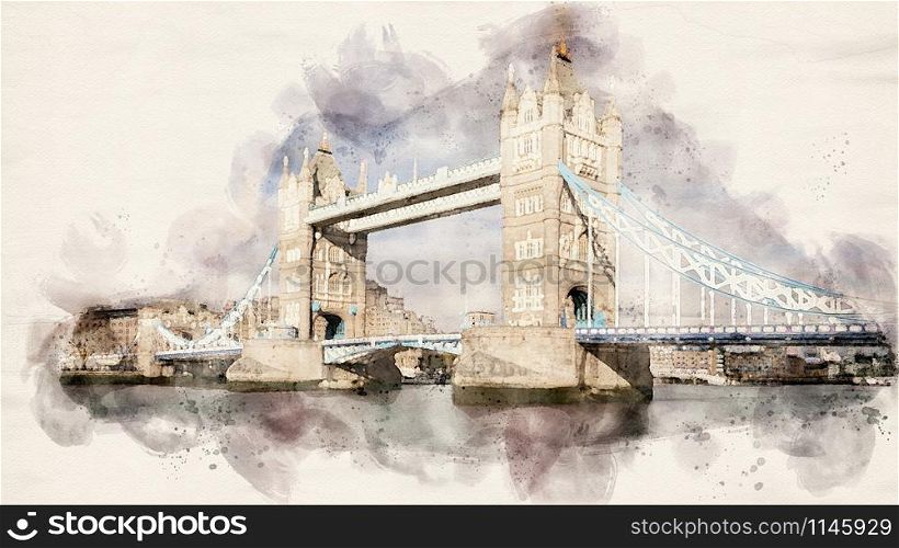 Watercolor Illustration of the famous London Tower Bridge