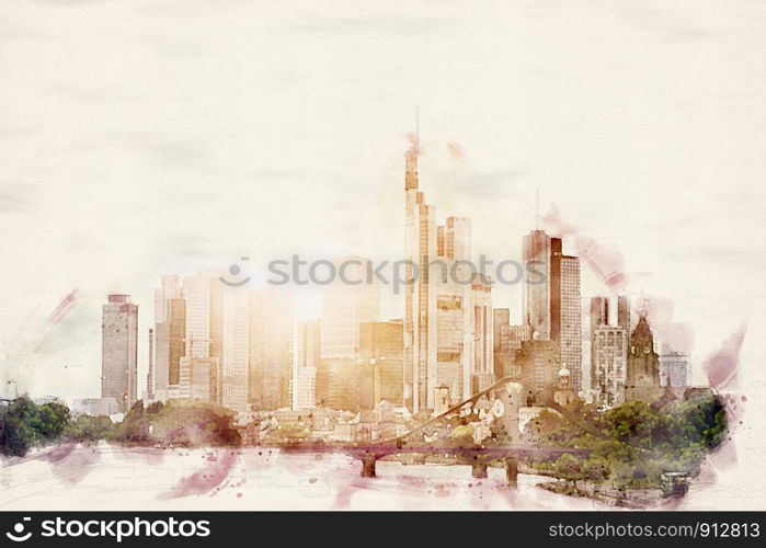 Watercolor Illustration of the frankfurt am main city skyline, germany