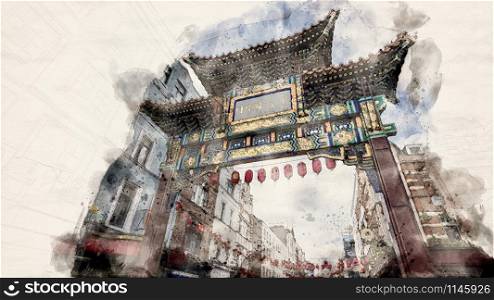 "Watercolor illustration of The Gate in chinatown, London, England. The Chinese text translates "Peace and Prosperity to Chinatown""