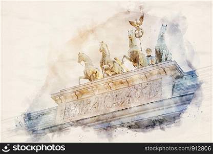 watercolor illustration of the Quadriga statue on top of the Brandenburger Tor (Brandenburg gate) in Berlin, Germany