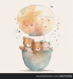 Watercolor illustration of the three cute little bears in the baloon, created with generative AI