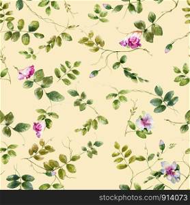Watercolor illustration painting of leaf and flowers, seamless pattern on cream background
