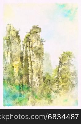 Watercolor Landscape of natural quartz sandstone pillars of the Tianzi Mountains (Avatar Mountains) in the Zhangjiajie National Forest Park, Hunan Province, China.
