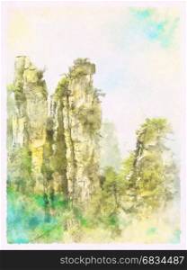 Watercolor Landscape of natural quartz sandstone pillars of the Tianzi Mountains (Avatar Mountains) in the Zhangjiajie National Forest Park, Hunan Province, China.