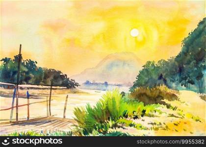 Watercolor lanscape painting yellow, orange color of sunset in sky and cloud background original painting.  Painted Impressionist, semi abstract image, autumn trees