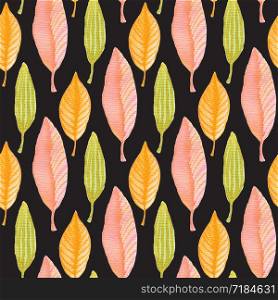 Watercolor leaves seamless pattern on black background. Can be used for surface textures and packaging design.. Watercolor leaves seamless pattern on black background. Can be used for surface textures and packaging design
