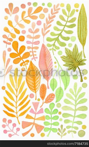 Watercolor leaves set. Tropical and garden decoration. Wedding invitation or stationery design. Watercolor leaves set. Tropical and garden decoration. Wedding invitation or stationery design.