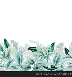 Watercolor leaves, silver footer, seamless border, hand drawn illustration