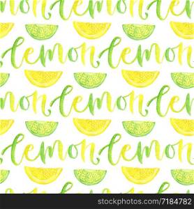 Watercolor lemon and lime seamless pattern with calligraphy. Bright background for menu design or marmalade packaging. Watercolor lemon and lime seamless pattern with calligraphy. Bright background for menu design or marmalade packaging.