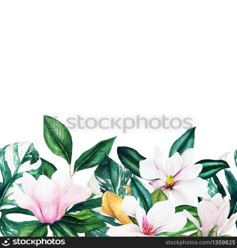 Watercolor magnolia and monstera leaves seamless border, footer, hand drawn illustration