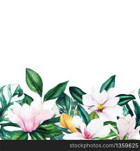 Watercolor magnolia and monstera leaves seamless border, footer, hand drawn illustration