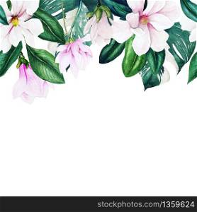 Watercolor magnolia and monstera leaves seamless border, hand drawn illustration