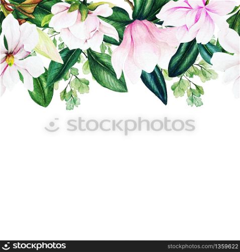 Watercolor magnolia header seamless border, hand drawn illustration