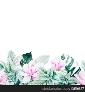 Watercolor magnolia, silver leaves and monstera leaves seamless border, footer, hand drawn illustration