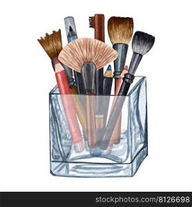 Watercolor make up products. Hand drawn cosmetics illustration of brushes in a glass holder.. Watercolor make up products. Hand drawn cosmetics illustration of brushes in a glass.