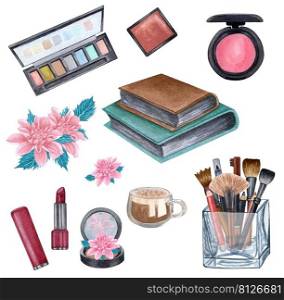 Watercolor make up products. Hand drawn cosmetics set of pearl powder, brushes in a glass holder, powder, texture, palette, mascara, lip stick.. Watercolor make up products. Hand drawn cosmetics set of pearl powder, brushes in a glass holder, powder, texture, palette, mascara, lip stick